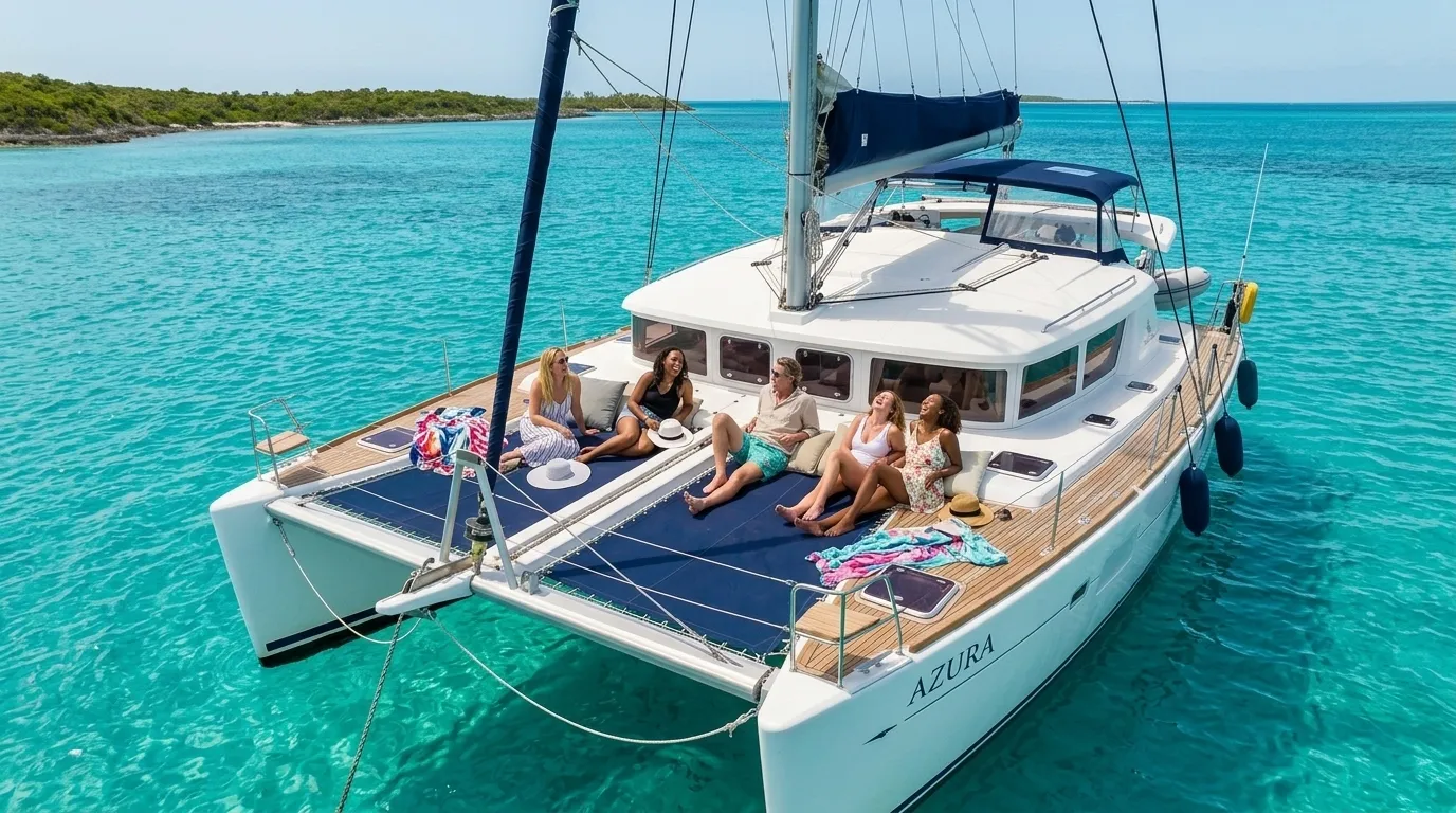 Friends relaxing on the deck of a crewed catamaran on a Caribbean yacht charter
