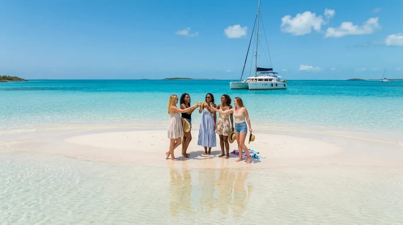 Bachelorette party toasting on an Exumas sandbar during a Bahamas yacht charter