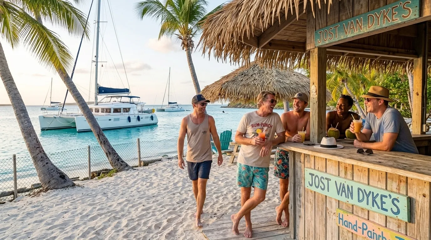 Bachelor party at a Jost Van Dyke beach bar during a BVI yacht charter
