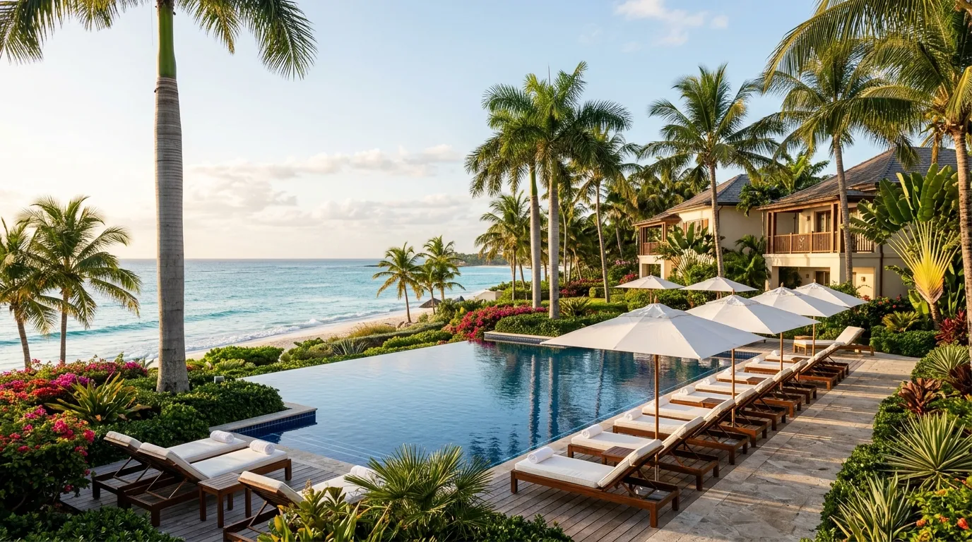 Luxury beachfront resort pool and tropical gardens on Paradise Island, Nassau Bahamas