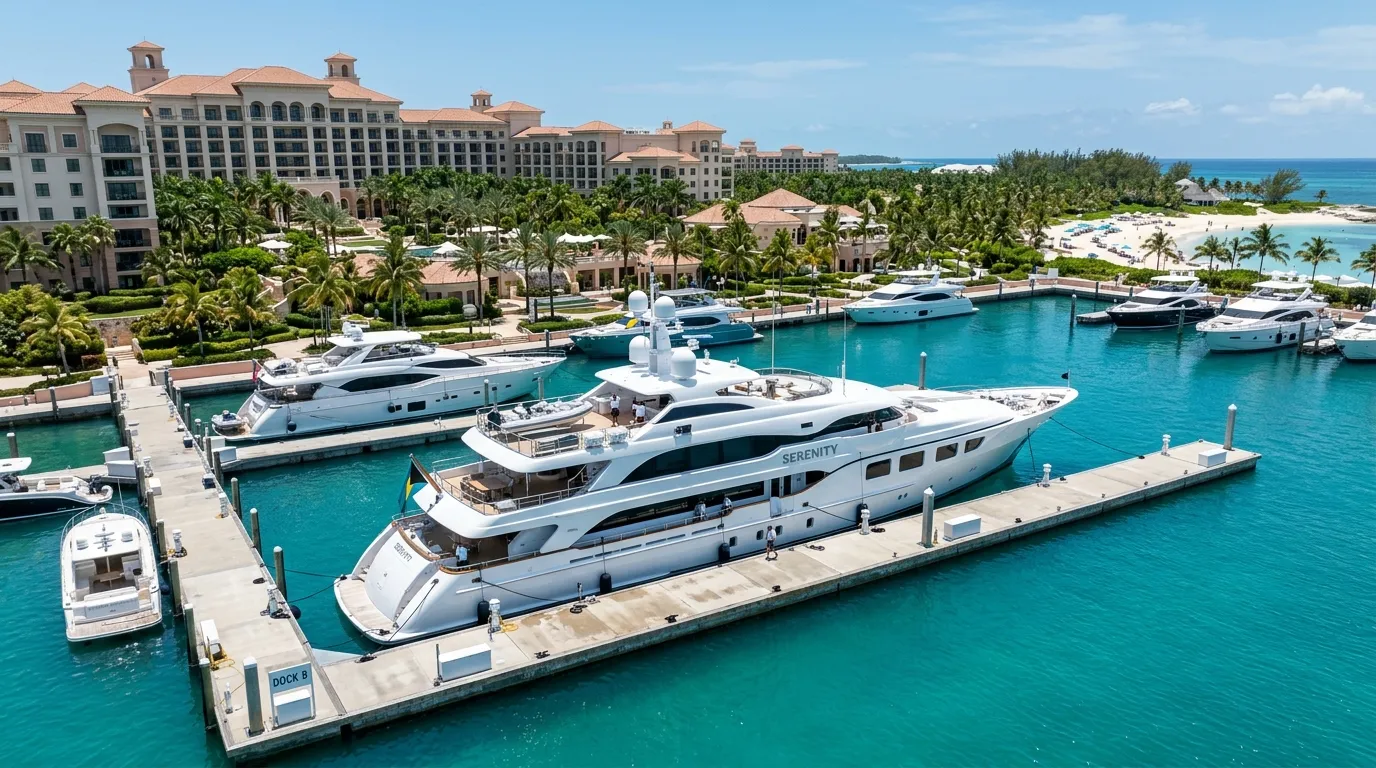 Large modern motoryacht docked at a Bahamas resort megayacht marina near Nassau