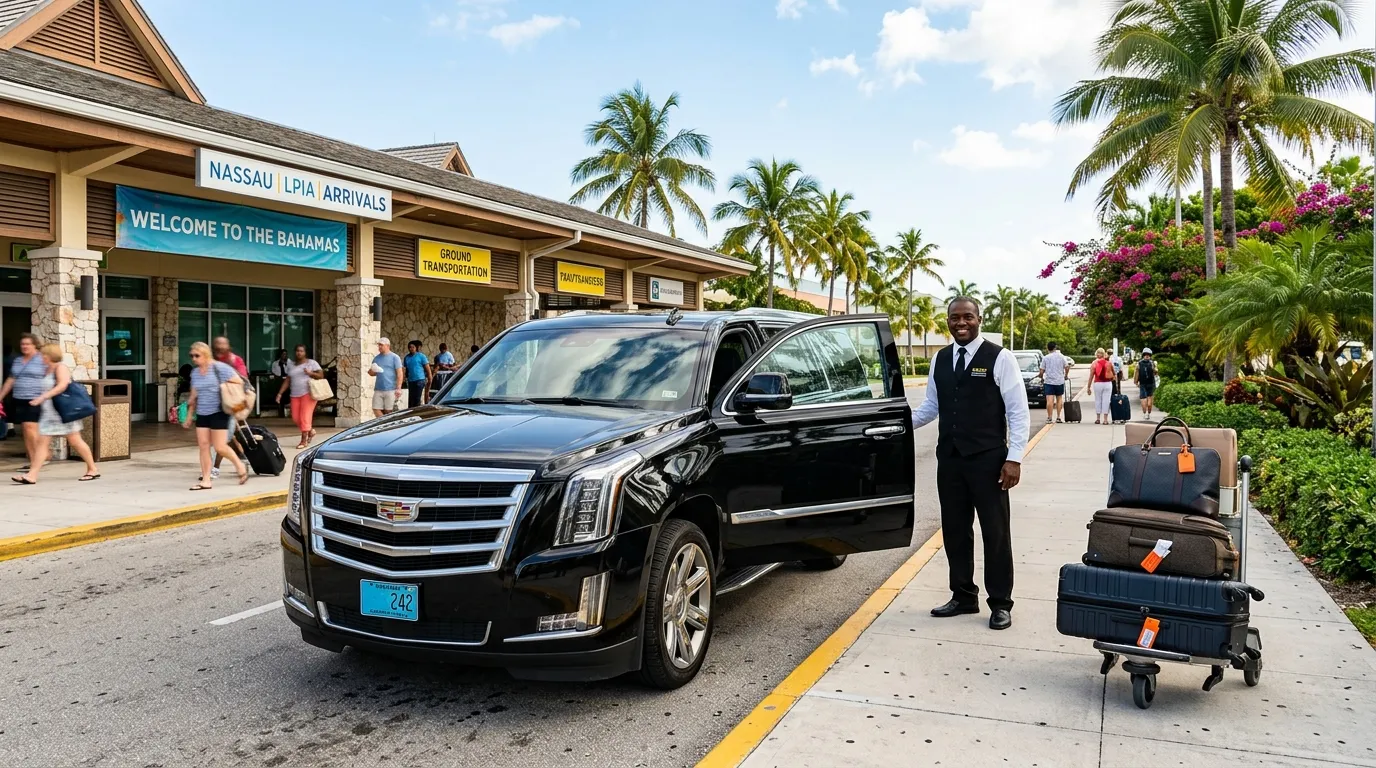 Private SUV transfer with luggage at the Nassau Bahamas airport curb lined with palms