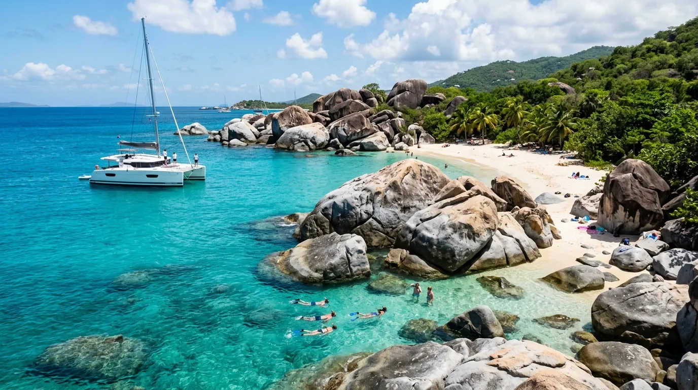 Catamaran moored at The Baths in Virgin Gorda — the best BVI island for yachting