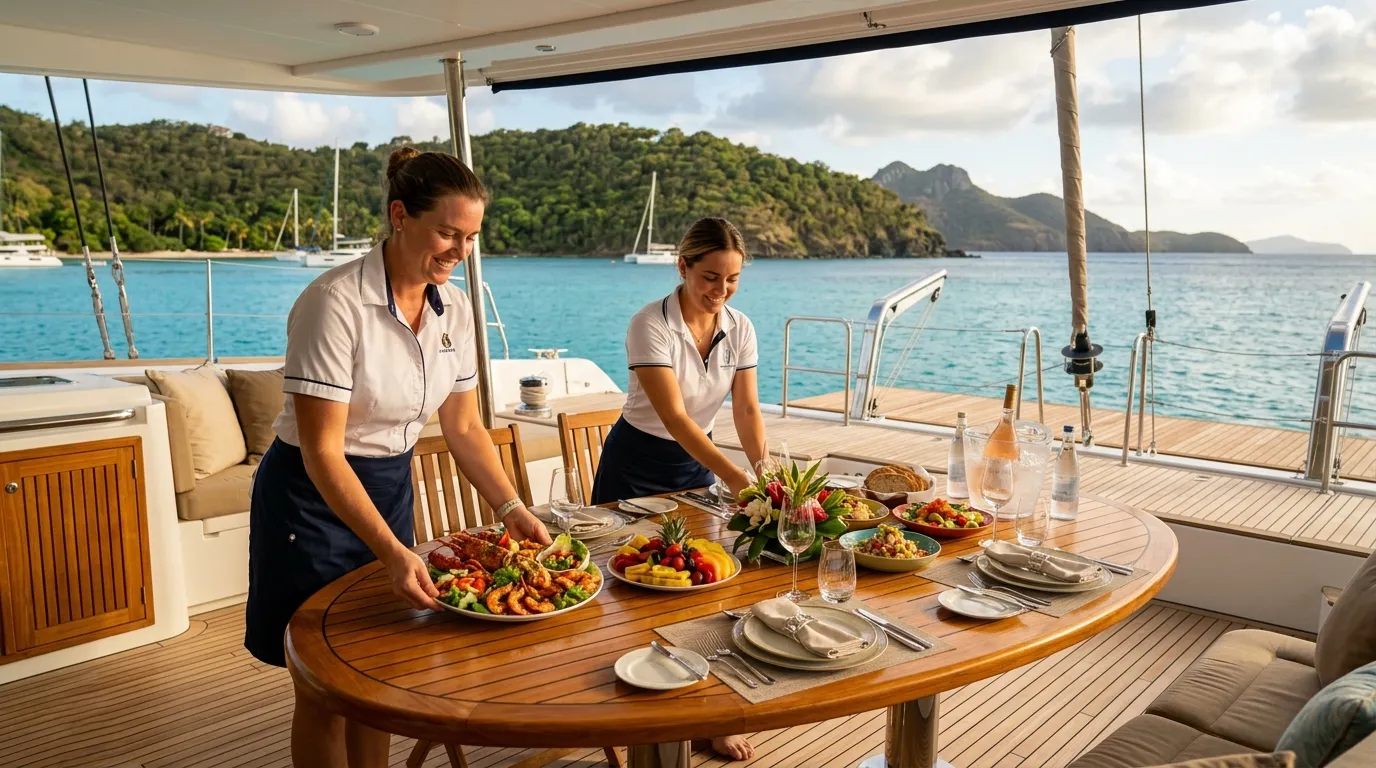Yacht crew serving an all-inclusive lunch on a Caribbean charter catamaran aft deck