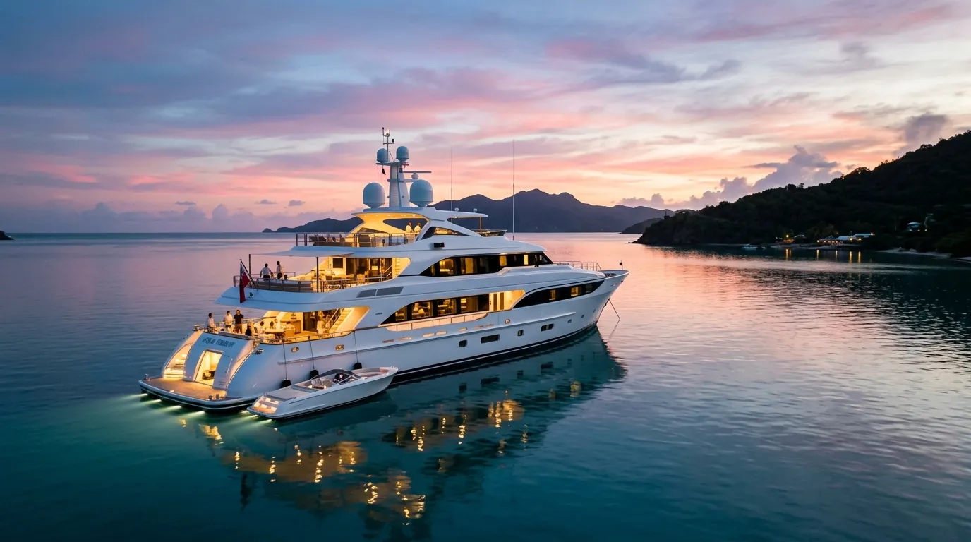 A 150-foot motor superyacht anchored in a calm Caribbean bay at dusk
