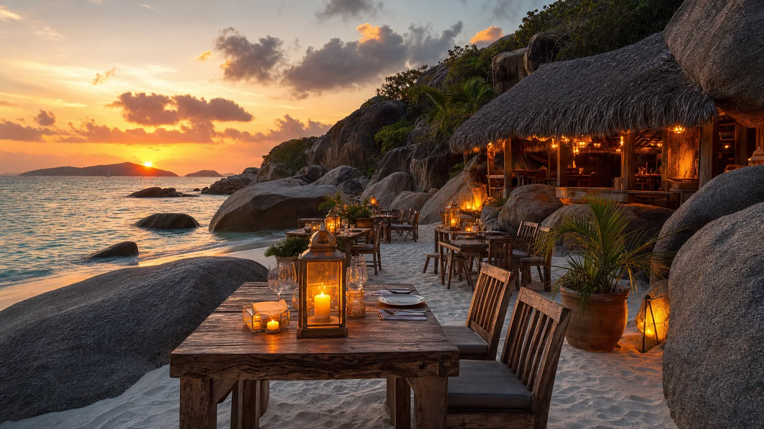 CocoMaya beachfront restaurant set among granite boulders on a white-sand Virgin Gorda beach at sunset