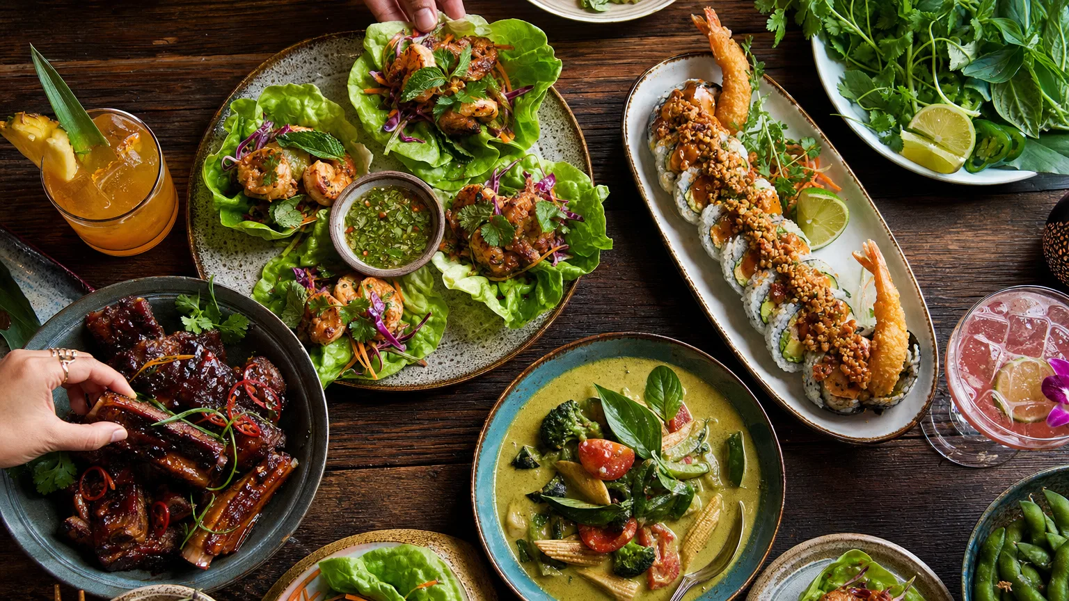 Family-style small plates of fusion cuisine on a table at CocoMaya restaurant in Virgin Gorda