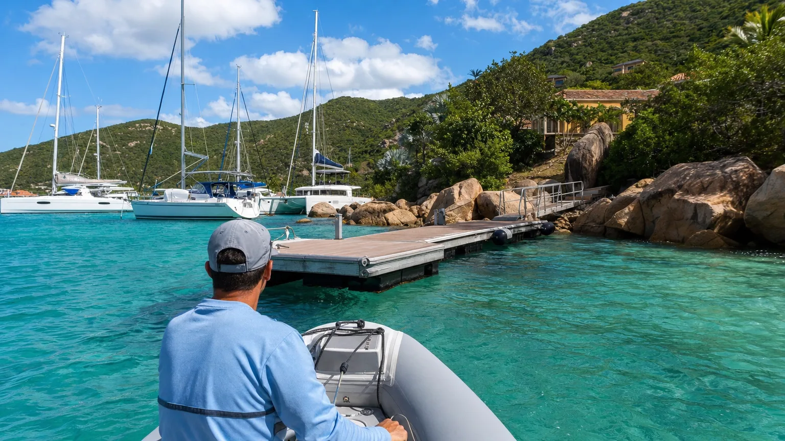 Crewed catamaran tender approaching Virgin Gorda Yacht Harbour dinghy dock in Spanish Town BVI