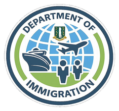 Department of Immigration seal: circular logo with a globe, ship, airplane, three people icons, and the text Department of Immigration.