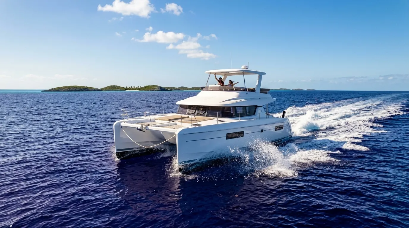 Power catamaran cruising between cays on an Exuma Cays yacht charter