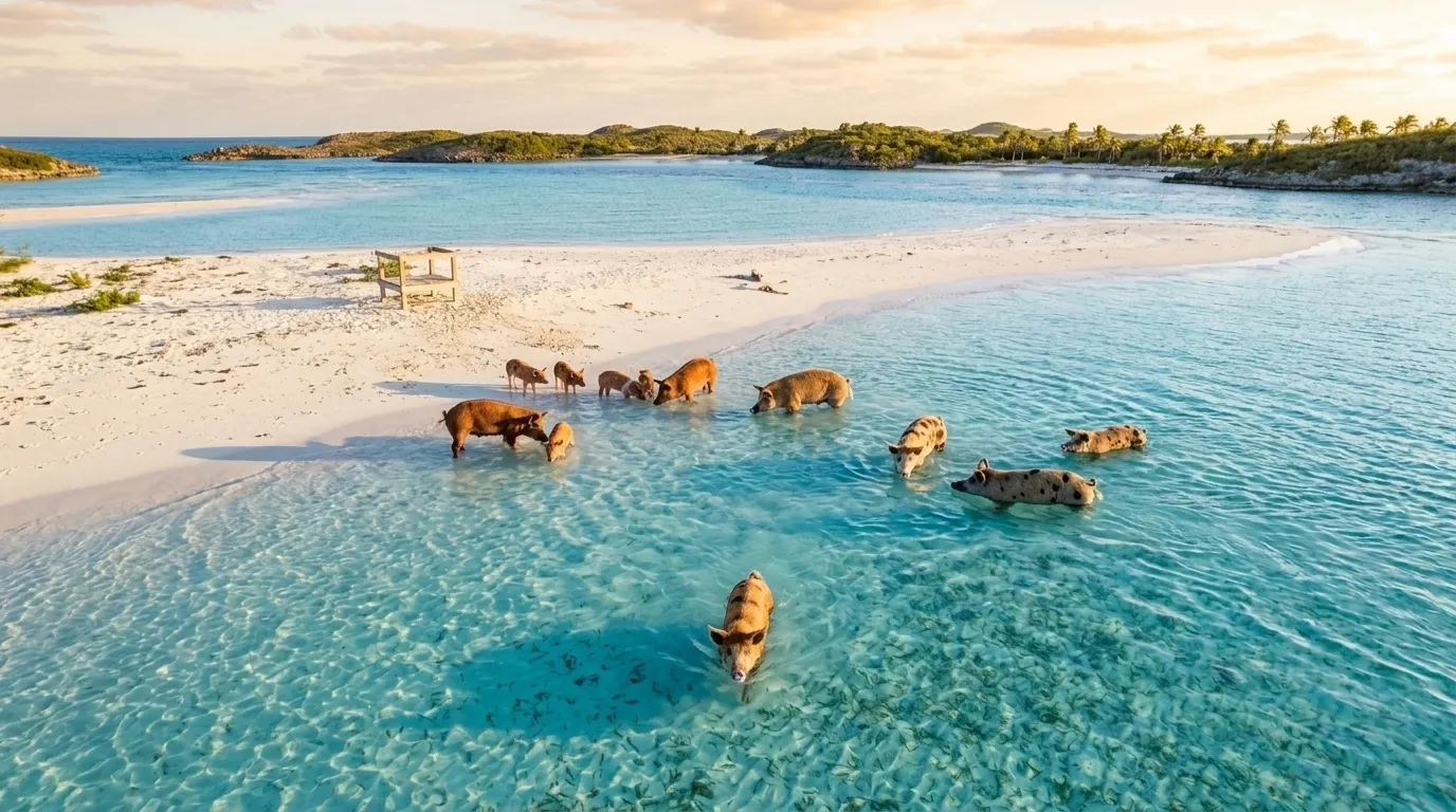Swimming pigs wading at Pig Beach on Big Major Cay in the Exuma Cays