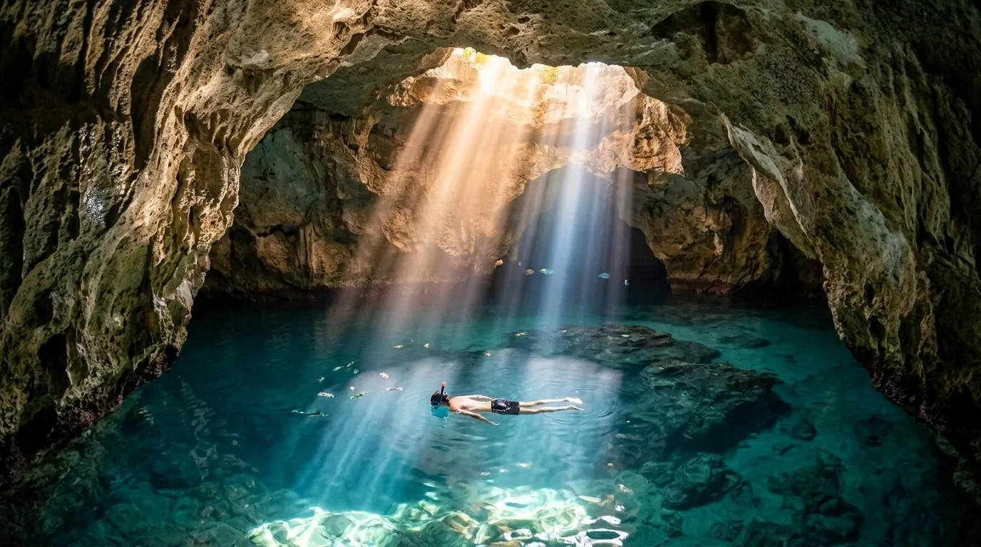 Snorkeler in Thunderball Grotto near Staniel Cay in the Exumas