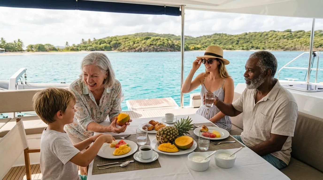 Multi-generational family sharing breakfast on the aft deck of a crewed Caribbean catamaran during a family reunion yacht charter