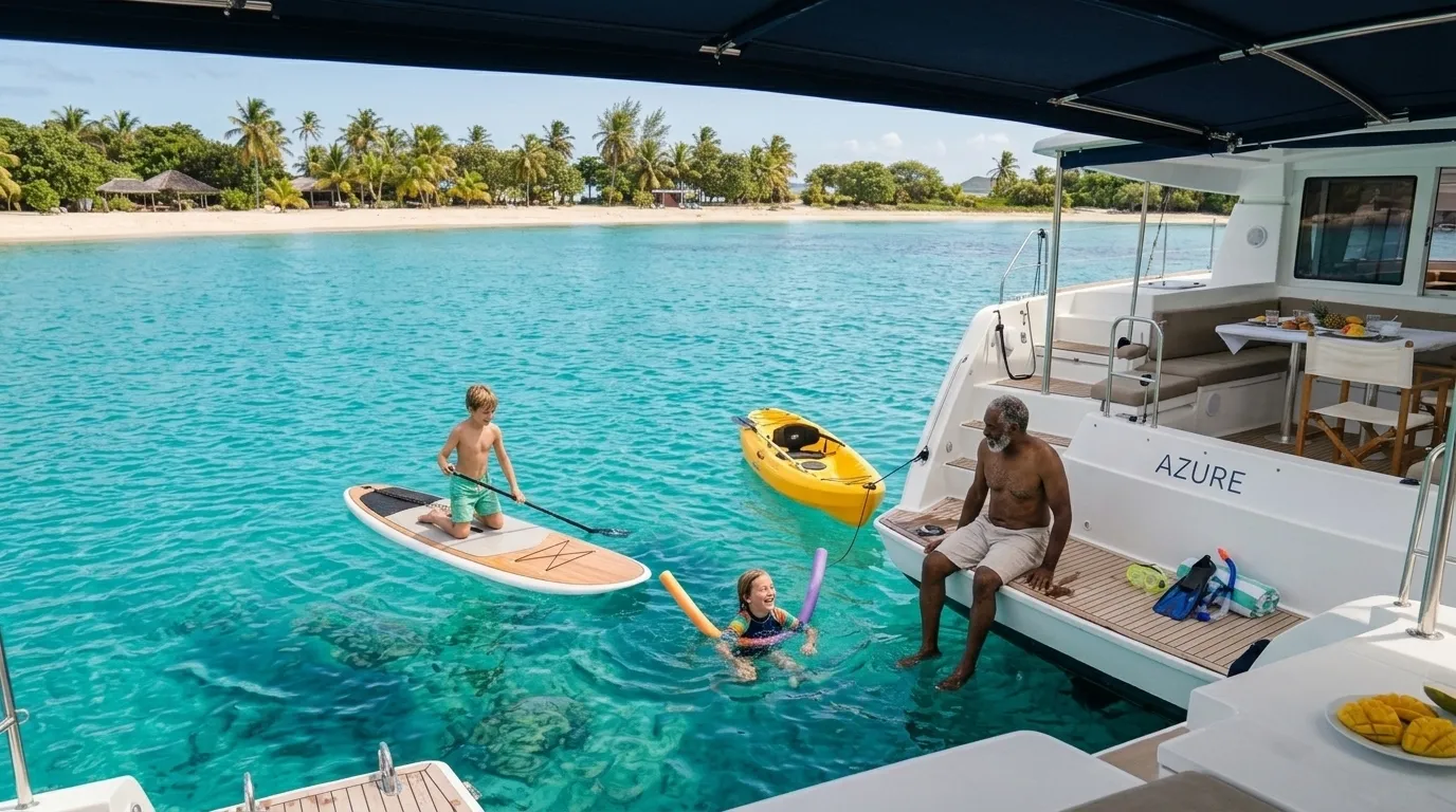 Children using paddleboards and kayaks off the swim platform of a crewed catamaran at anchor during a Caribbean family reunion charter