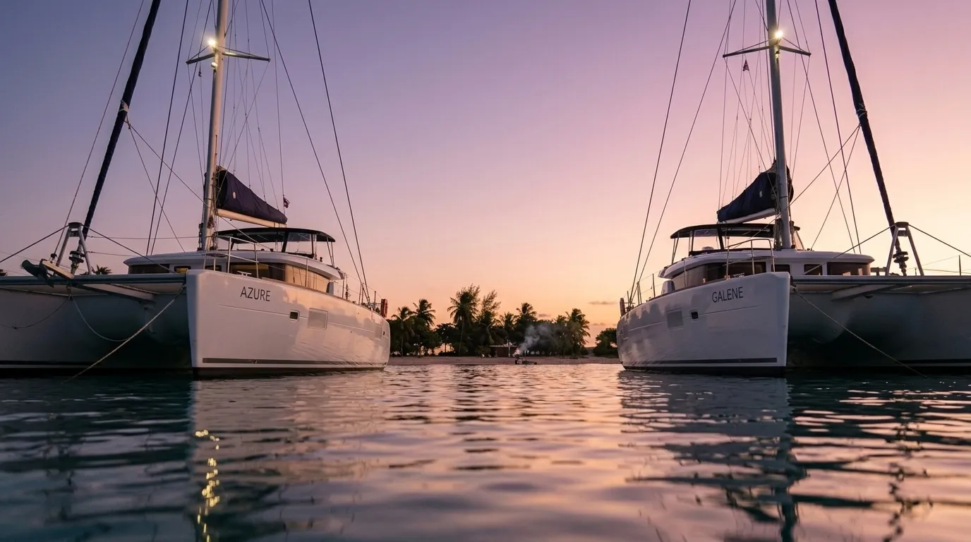 Two crewed catamarans anchored together at sunset in a quiet Caribbean bay during a tandem family reunion charter