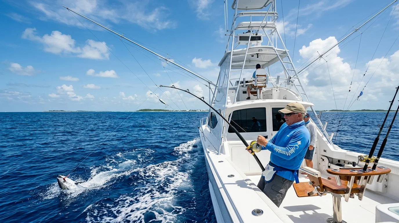 Father fighting a hooked fish from the cockpit of a Hatteras sportfishing yacht offshore Bimini during a Father's Day yacht charter in the Bahamas