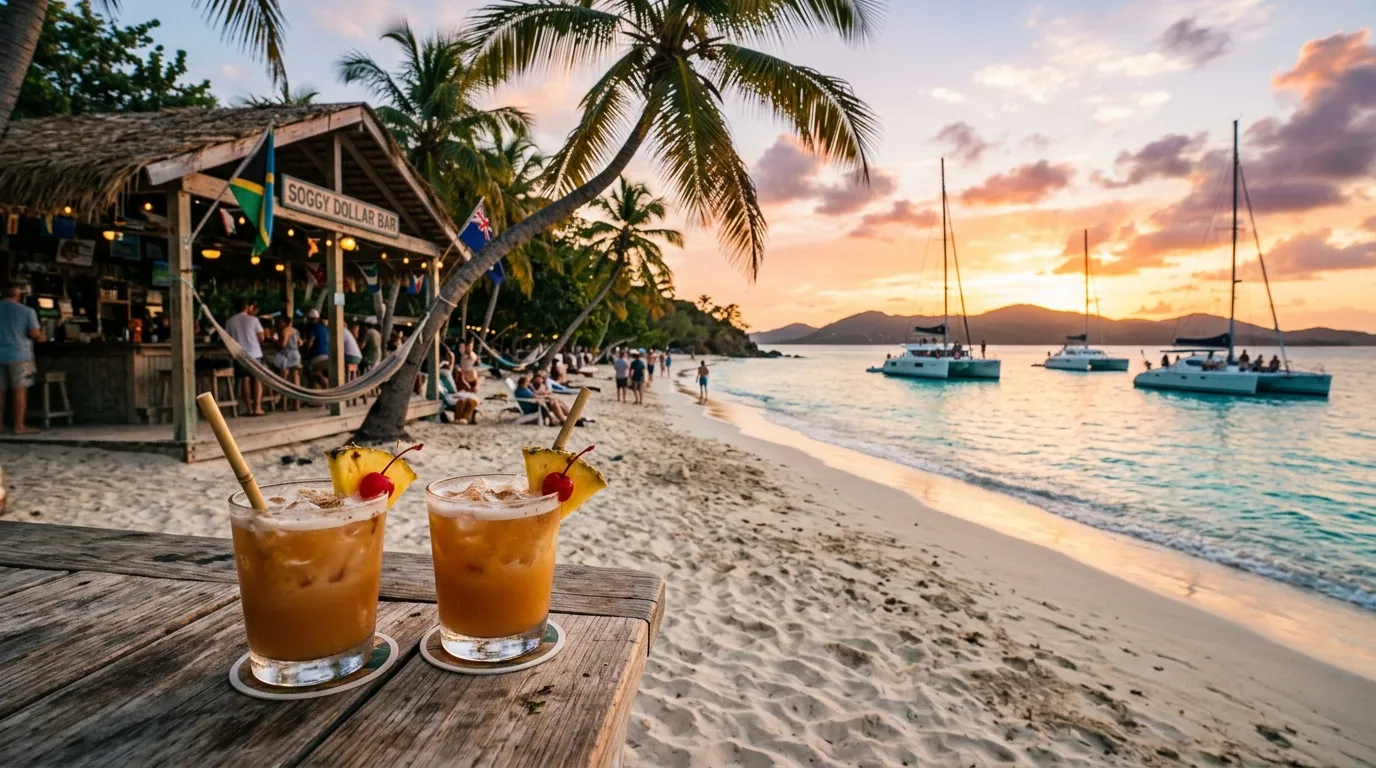 Two Painkiller cocktails at Soggy Dollar Bar on Jost Van Dyke with anchored catamarans at sunset for a Father's Day yacht charter sundowner