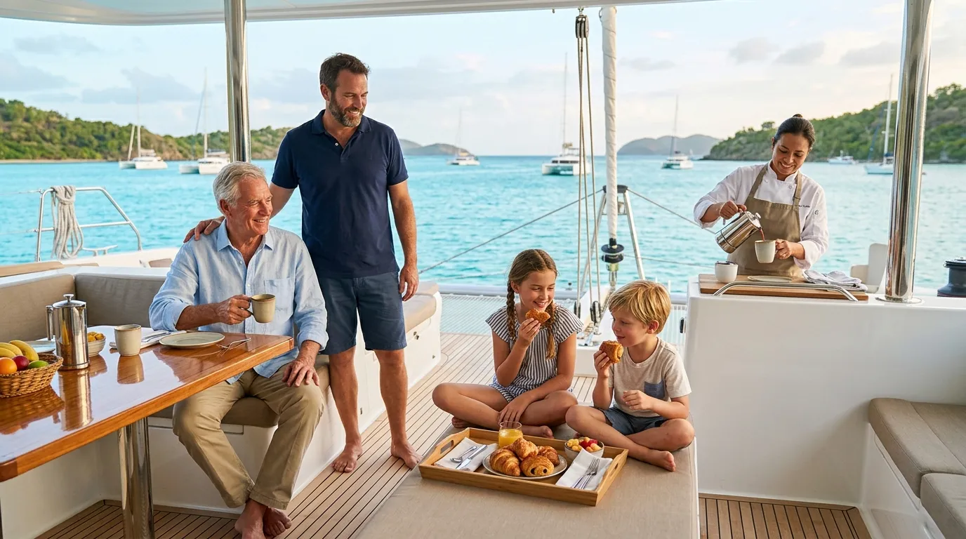 Three generations of a family on the aft deck of a Lagoon catamaran sharing chef-served breakfast on a multi-generational Father's Day yacht charter