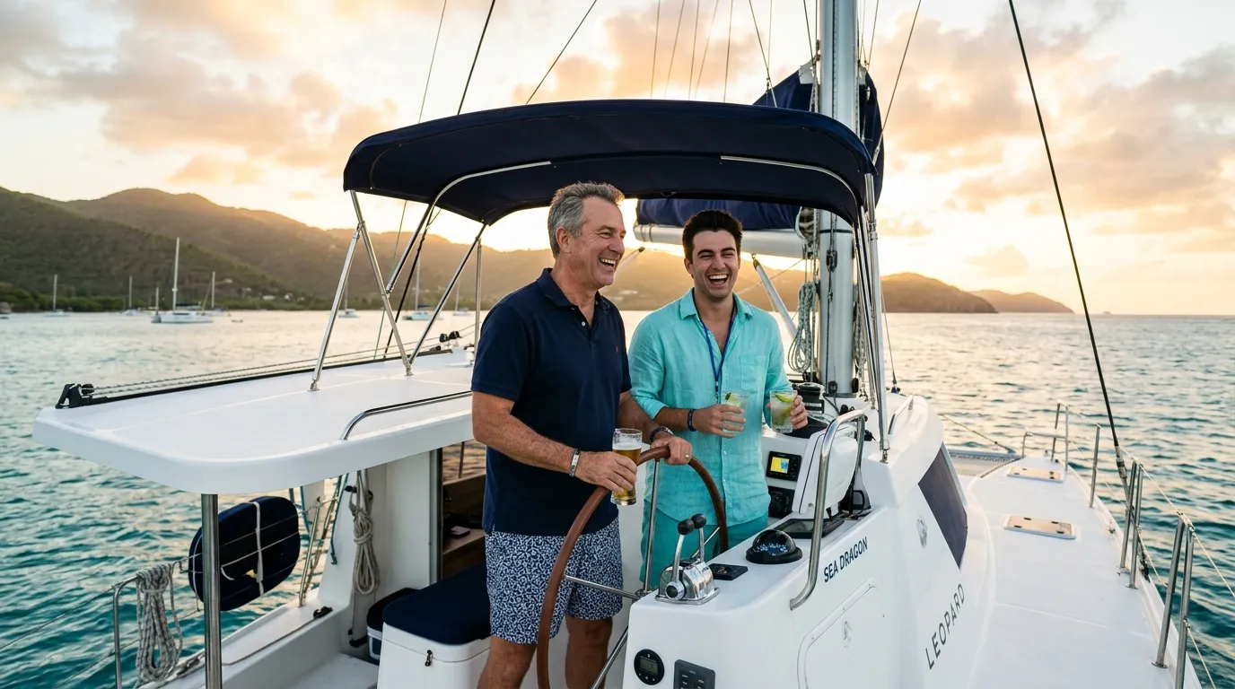 Father and adult son laughing at the helm of a Leopard catamaran during a Father's Day yacht charter in the British Virgin Islands at golden hour