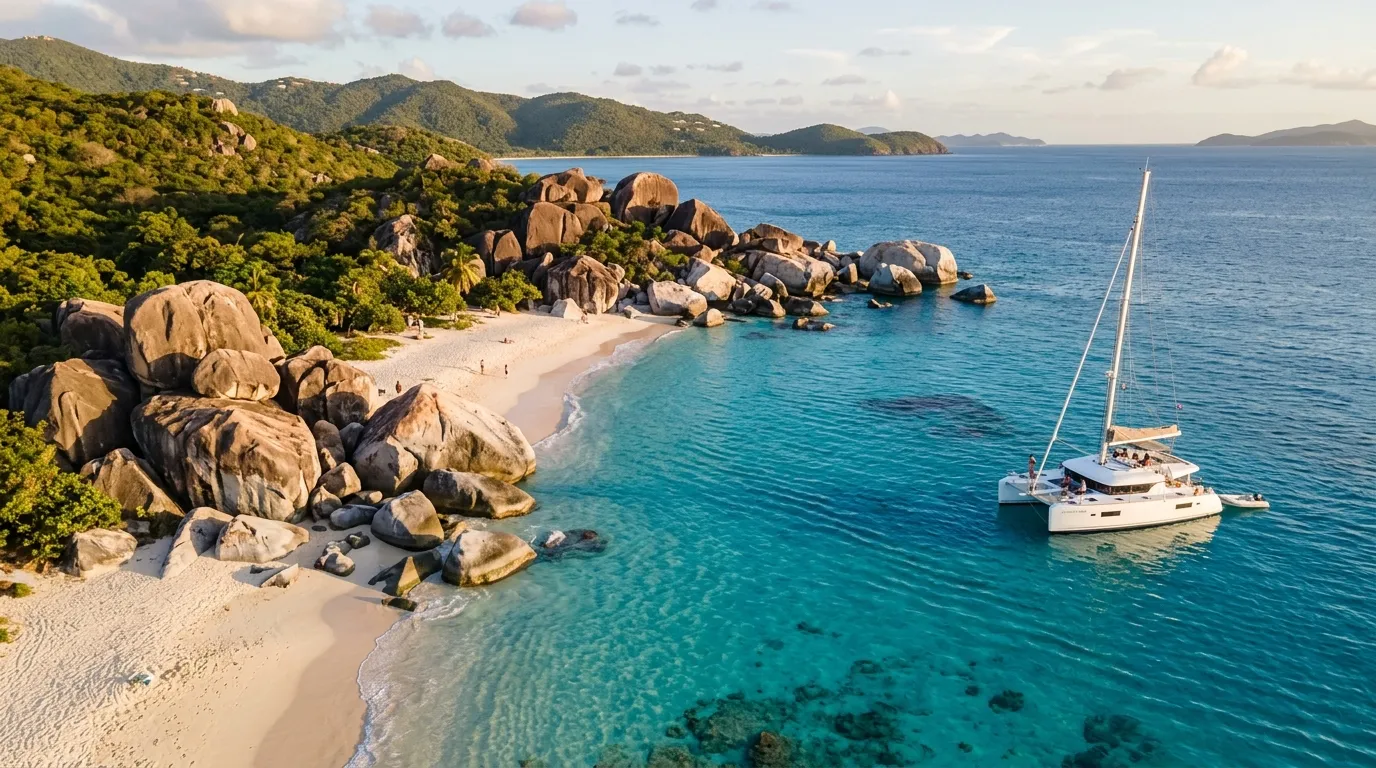 Crewed catamaran anchored off The Baths granite boulders at Virgin Gorda