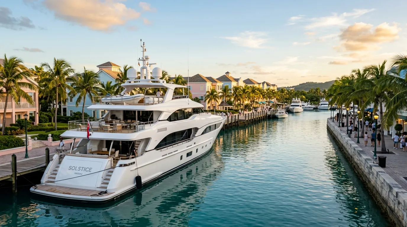 Modern motoryacht berthed at a luxury Nassau Bahamas resort marina at golden hour