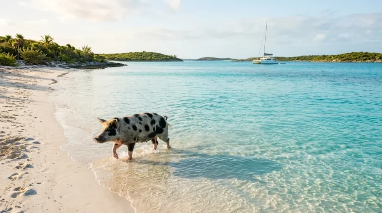Swimming pig wading at Pig Beach with a catamaran anchored offshore in the Bahamas