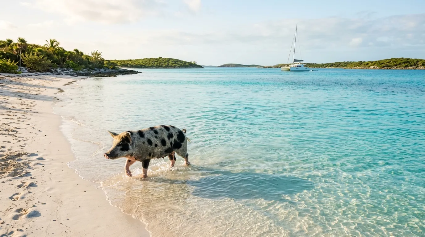 Swimming pig wading at Pig Beach with a catamaran anchored offshore in the Bahamas