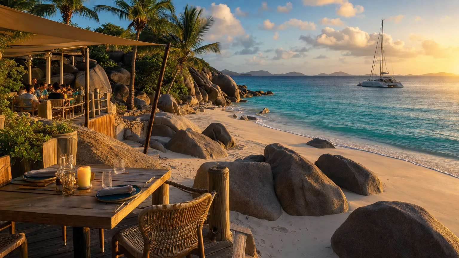 CocoMaya beachfront restaurant among granite boulders at sunset, Virgin Gorda BVI