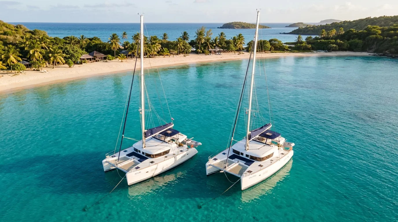 Aerial view of two crewed catamarans anchored side by side in turquoise Caribbean water for a family reunion at sea