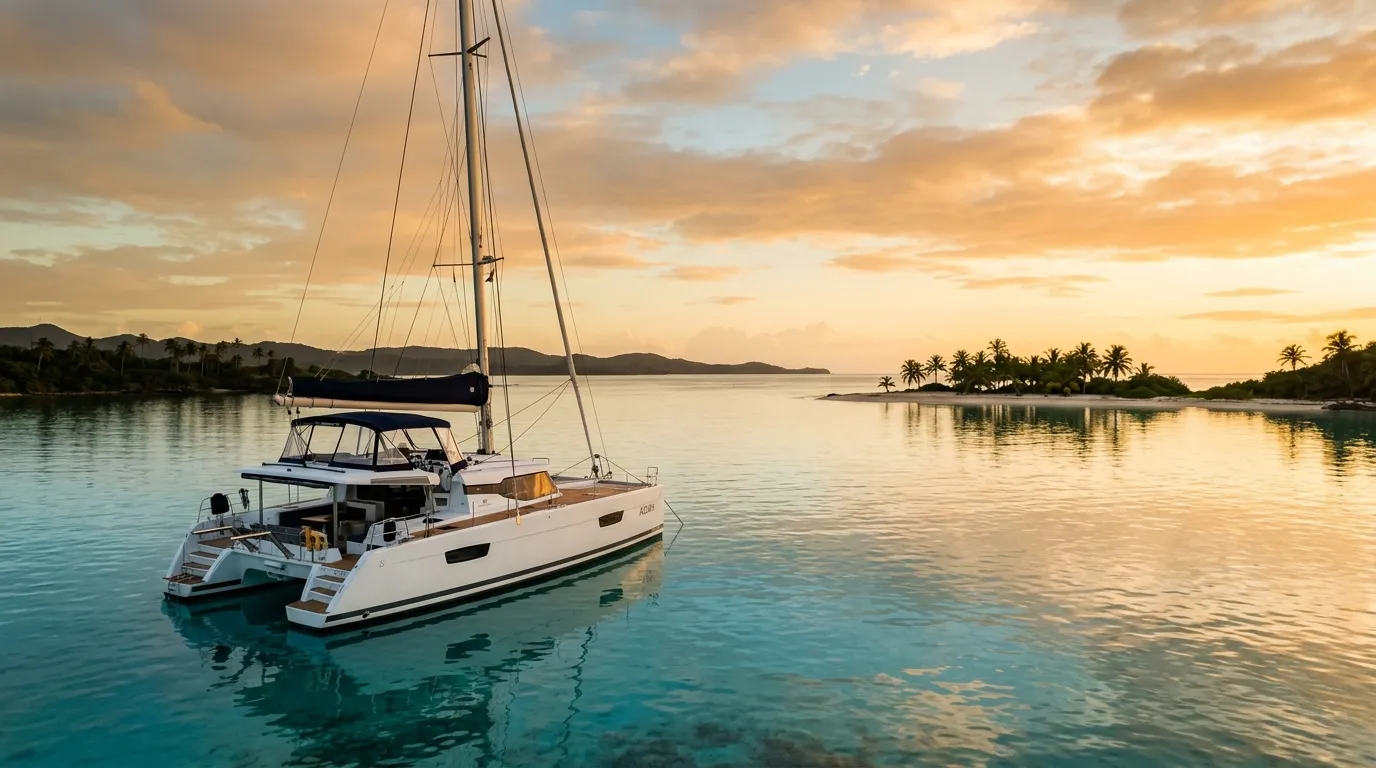 Crewed catamaran anchored at golden hour in a turquoise Caribbean bay — yacht charter contract explained