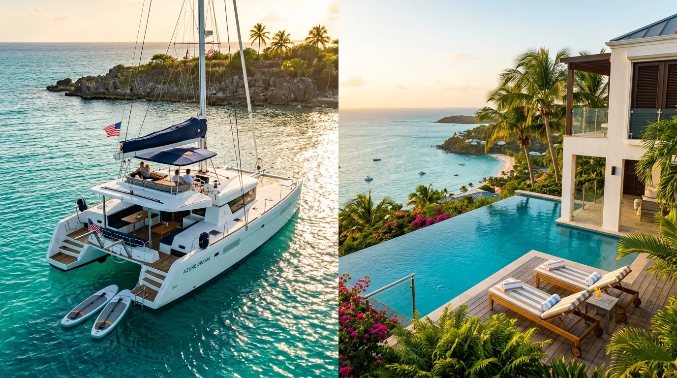 Split-screen comparison of a luxury crewed catamaran anchored in turquoise Caribbean water and a hillside villa with infinity pool — yacht charter vs villa rental at the K-per-week tier