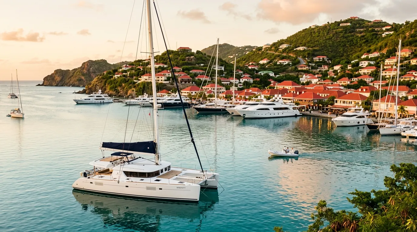Luxury catamaran anchored in Gustavia Harbor on a St. Barts yacht charter itinerary at golden hour