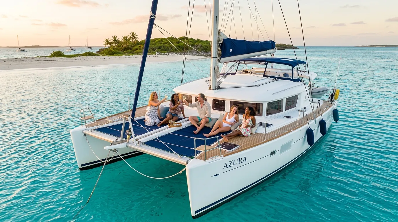 Friends toasting on a crewed catamaran in the Bahamas during a bachelorette yacht charter