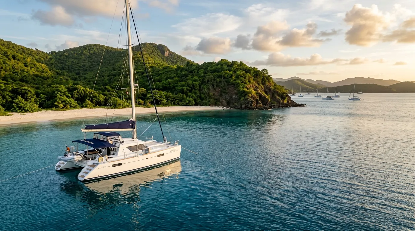 Crewed sailing catamaran anchored off Peter Island in the British Virgin Islands at golden hour