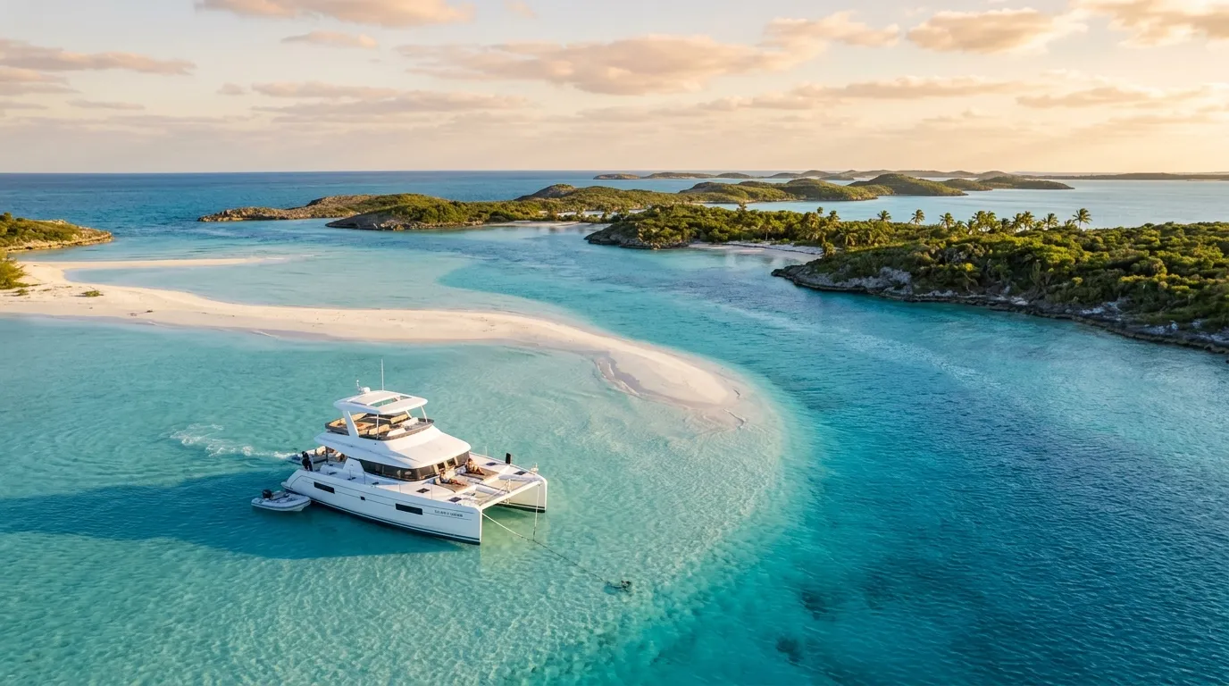 Crewed power catamaran anchored over a turquoise Exuma Cays sandbar in the Bahamas