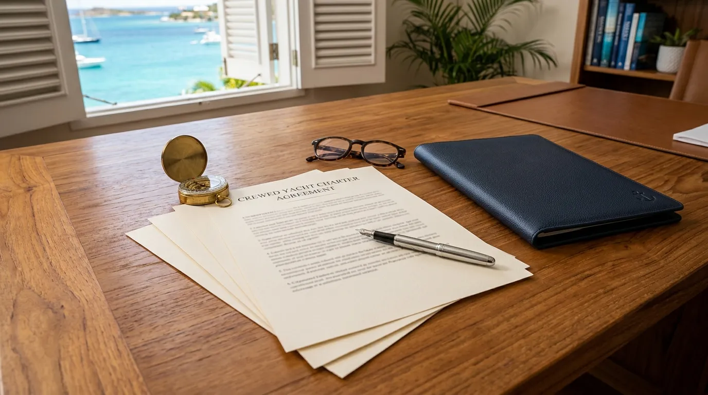 Crewed Yacht Charter Agreement on a teak desk with fountain pen — yacht charter contract explained walkthrough