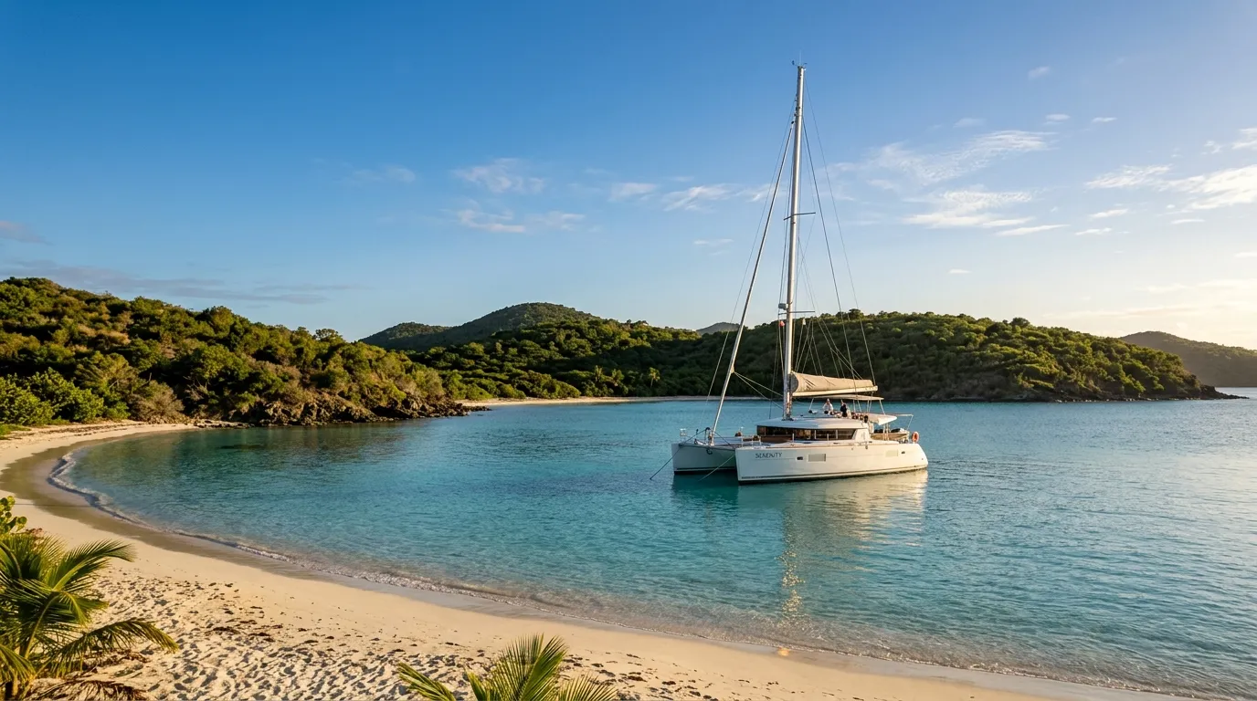 Crewed catamaran anchored alone in a Caribbean cove at late afternoon — yacht charter contract explained for Caribbean and Bahamas charters