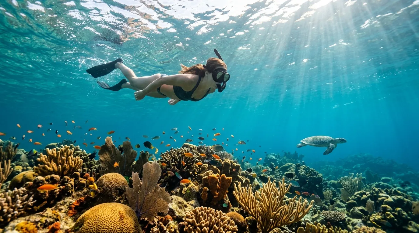 Snorkeler exploring a coral reef in the clear turquoise water off Peter Island in the British Virgin Islands