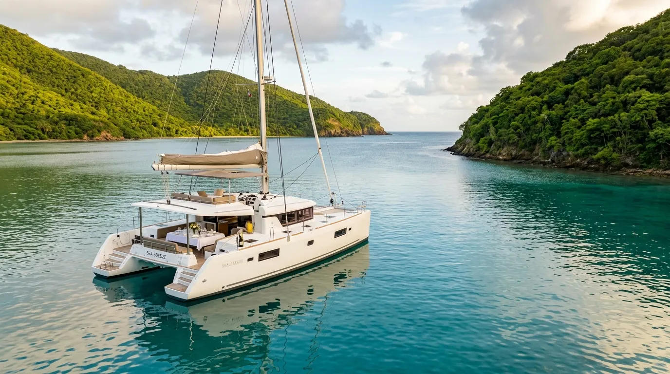 Luxury crewed catamaran at anchor in a calm protected harbour at Peter Island in the British Virgin Islands