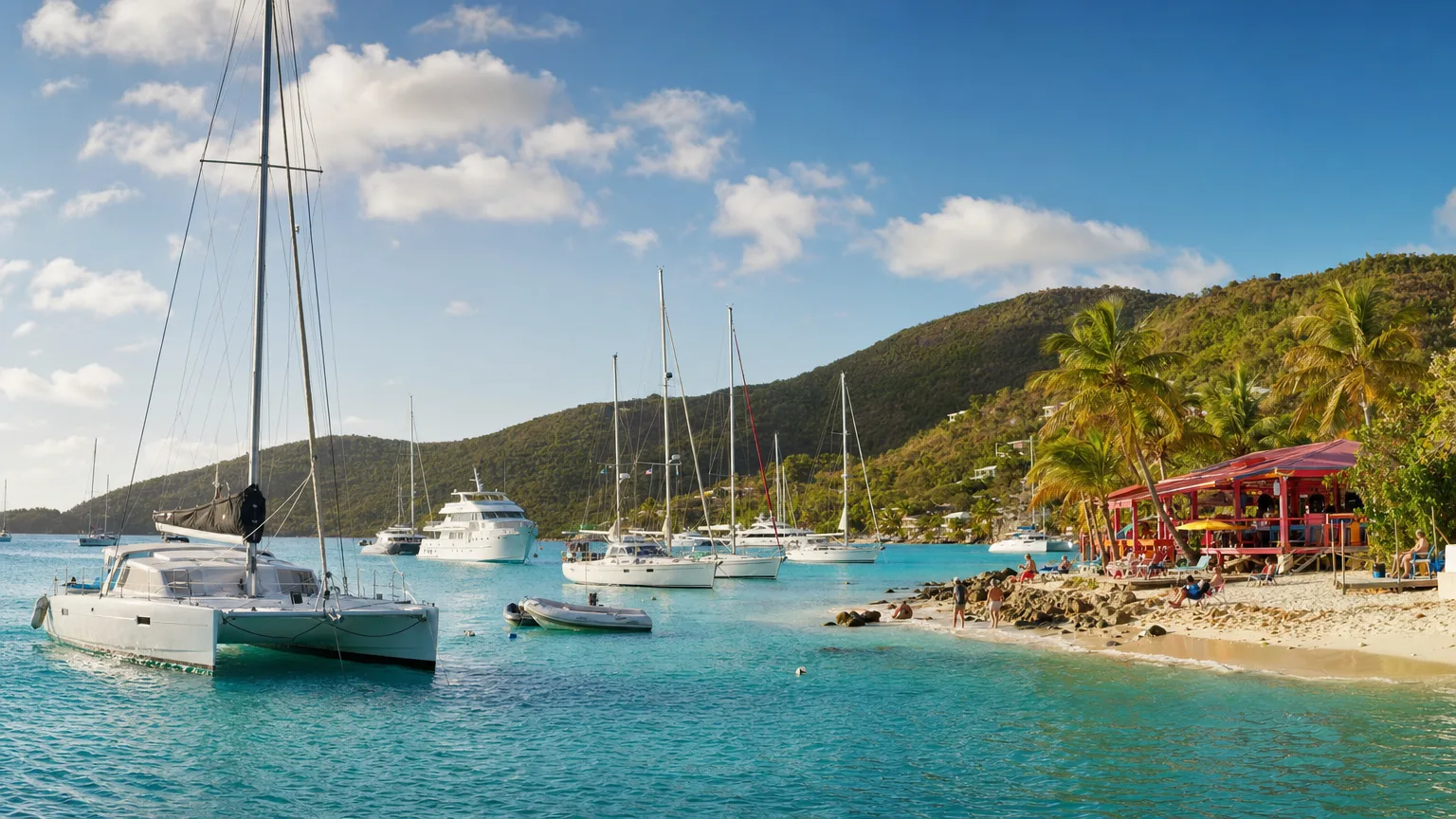 Boats anchored off a Jost Van Dyke beach bar in the British Virgin Islands