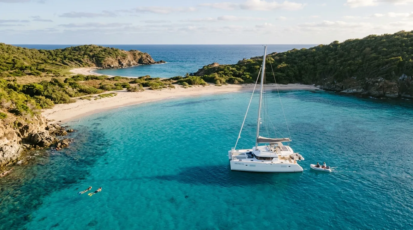 Luxury catamaran anchored at Anse de Colombier on a St. Barts yacht charter itinerary with turquoise water