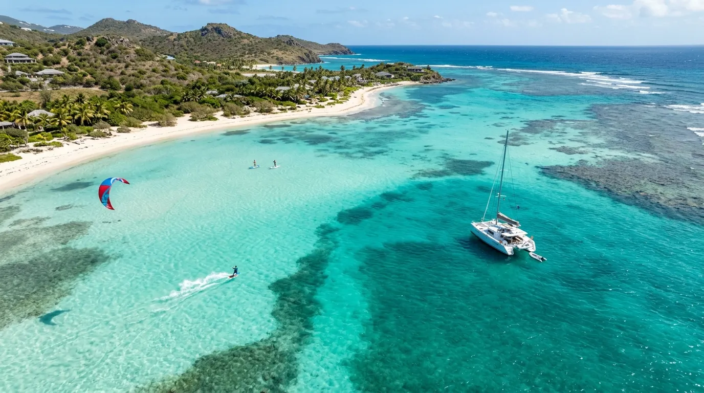 Aerial of Grand Cul-de-Sac lagoon with kitesurfer and anchored catamaran on a St. Barts yacht charter itinerary