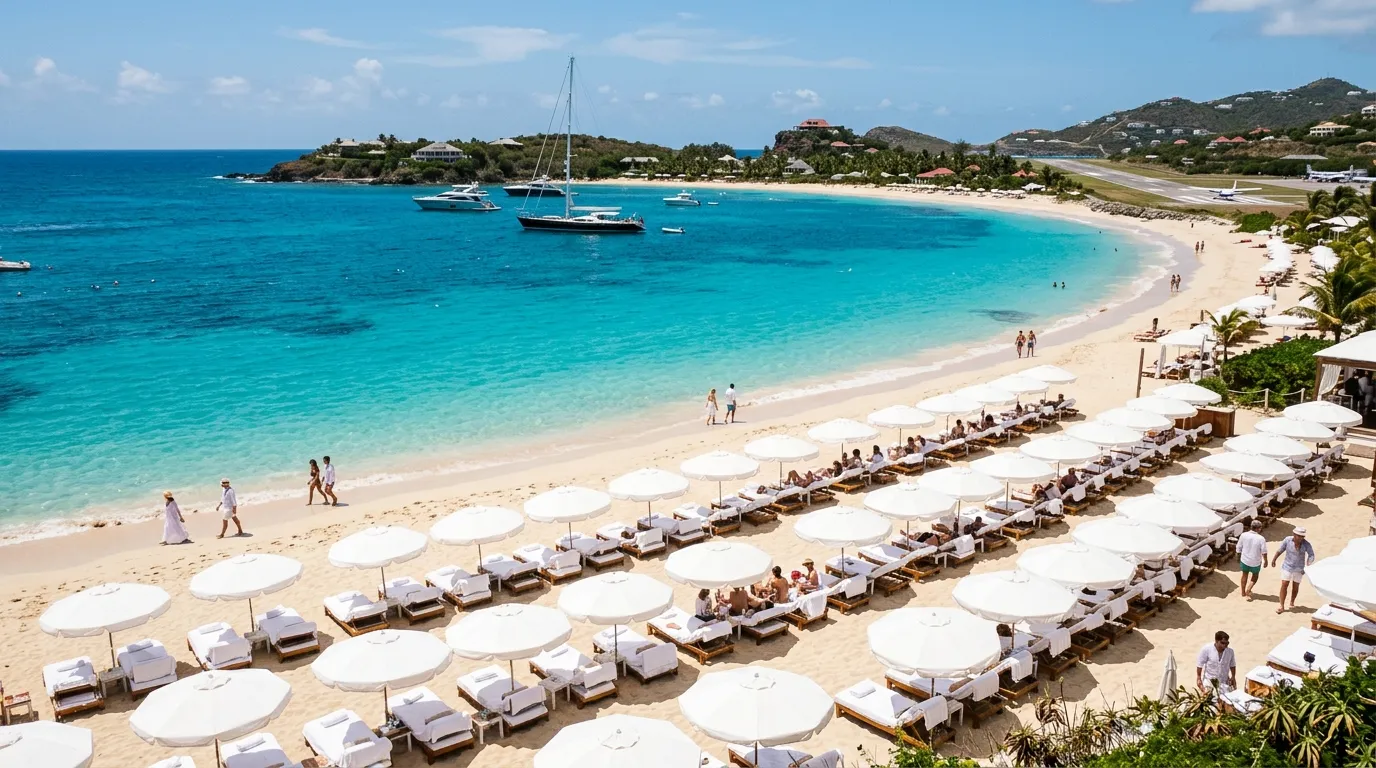 St. Jean beach club umbrellas and luxury yacht offshore on a St. Barts yacht charter itinerary