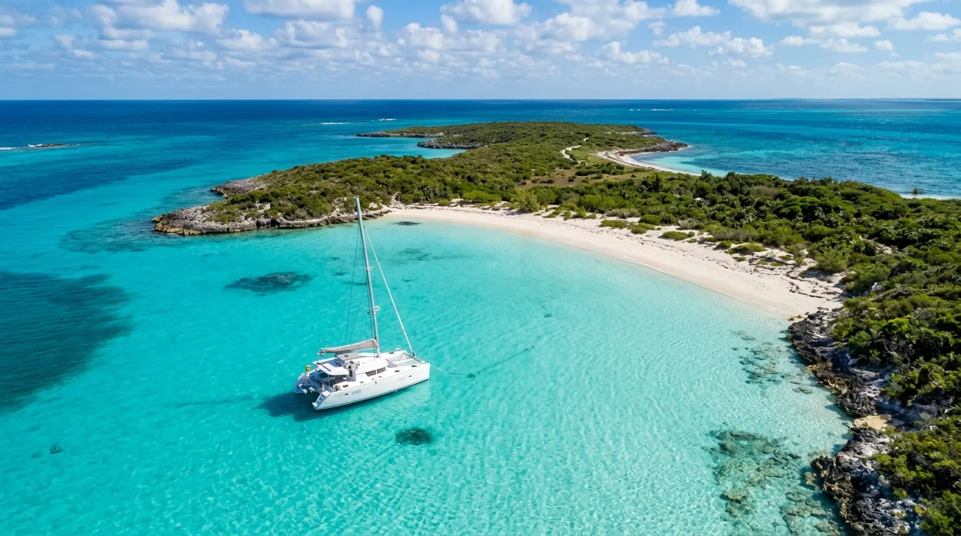 Sailing catamaran anchored in the turquoise lee of an Exuma cay in the Bahamas