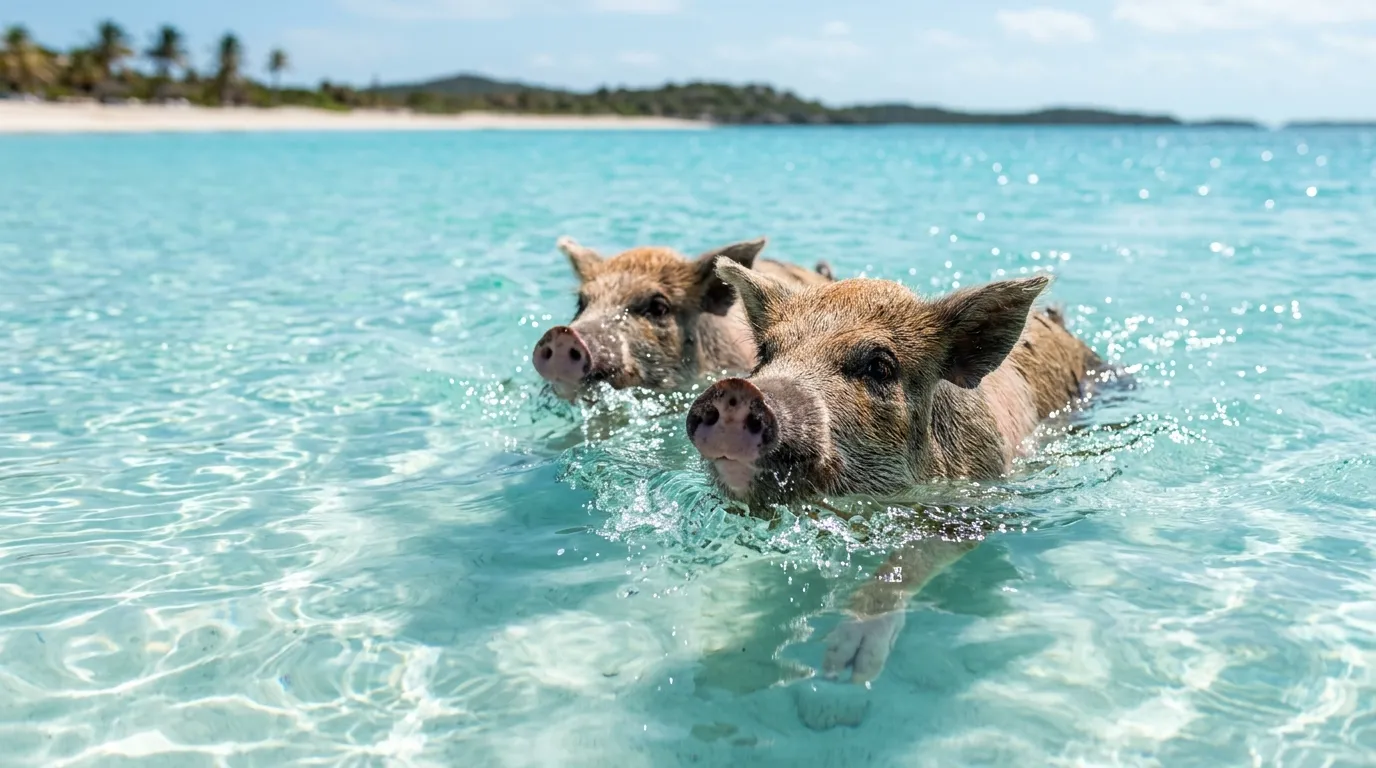 Two swimming pigs paddling toward the camera in clear Exuma water in the Bahamas