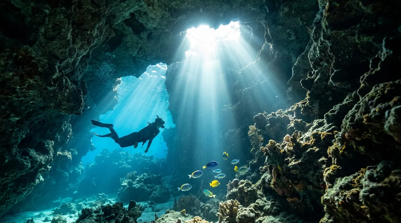 Snorkeler in a sunlit grotto near Staniel Cay on a Bahamas yacht charter