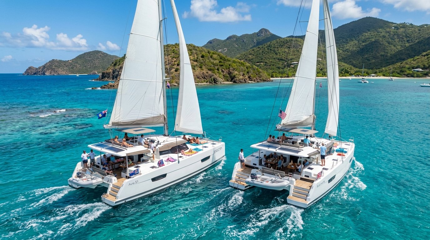Two crewed catamarans on a tandem charter cruising together in the British Virgin Islands
