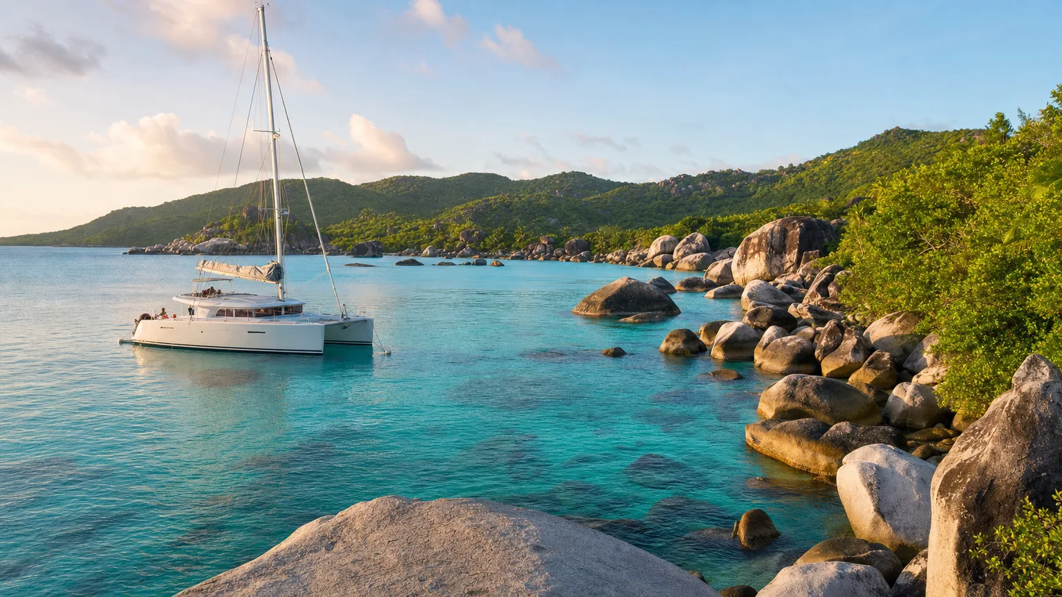 Crewed catamaran on a National Parks Trust day-use mooring in turquoise water just offshore from the granite boulders of The Baths on Virgin Gorda at first light