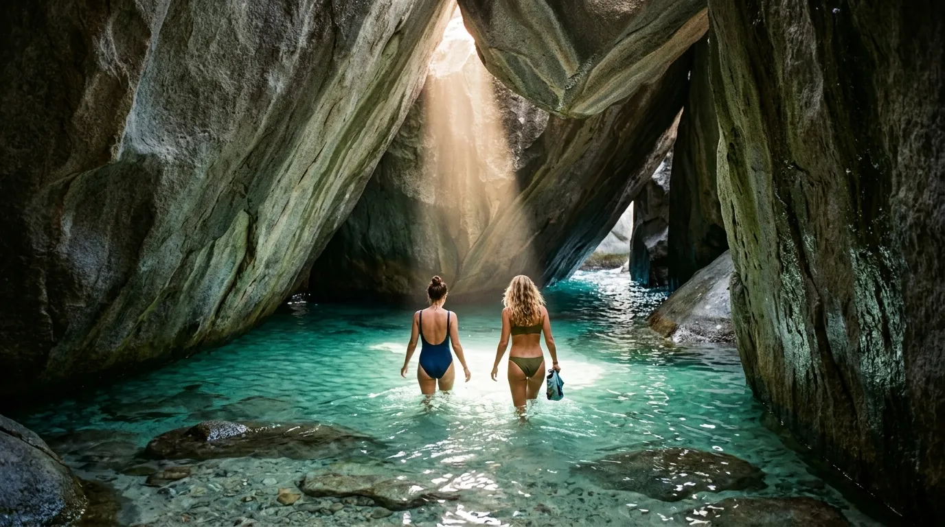 Travelers wading a sunlit granite grotto at The Baths Virgin Gorda