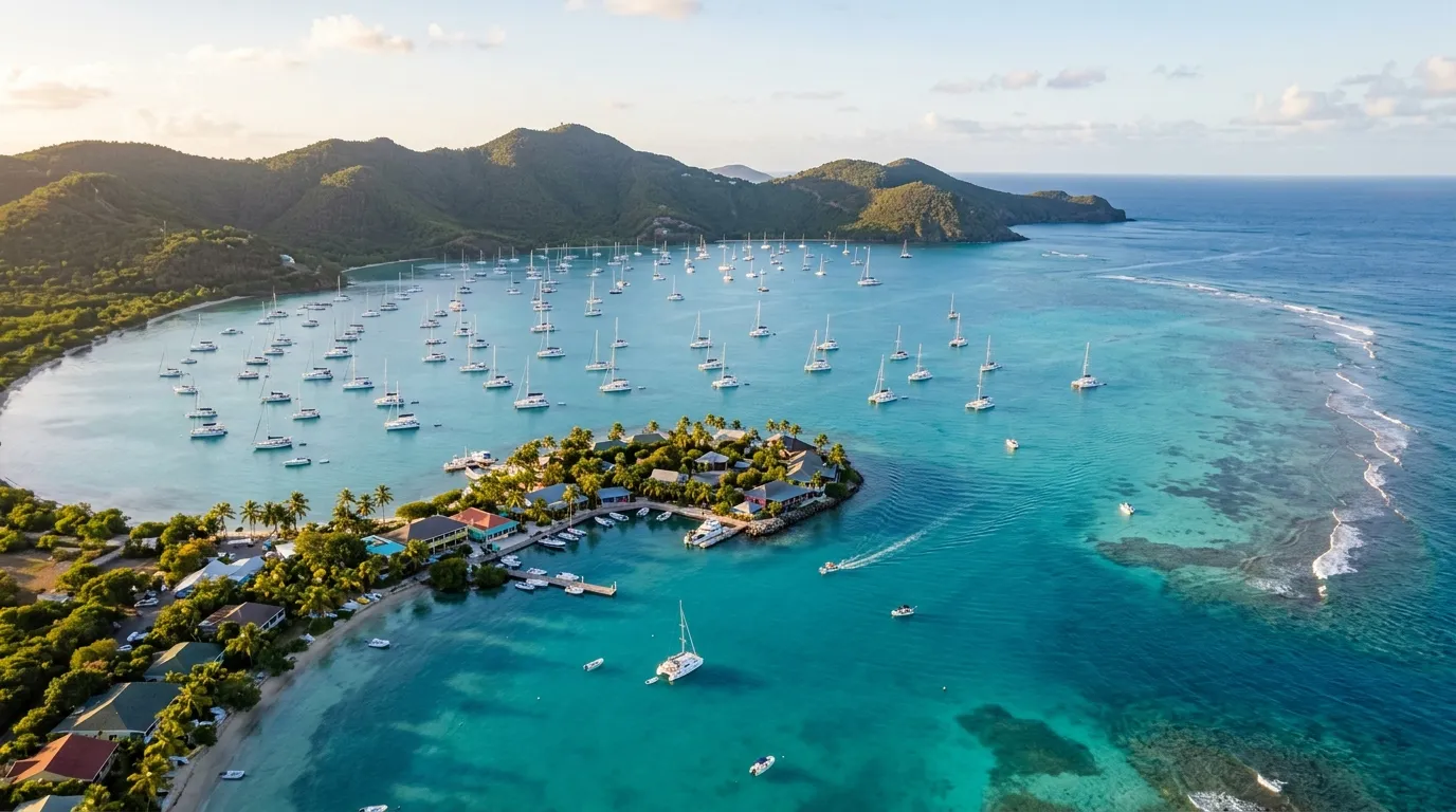 Yachts moored in calm reef-protected North Sound Virgin Gorda BVI